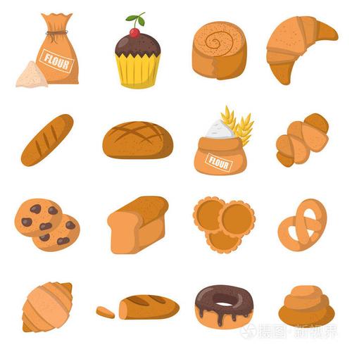 甜面包, 羊角面包, 面粉, 蛋糕, 甜甜圈產(chǎn)品.矢量烘焙食品圖標(biāo).